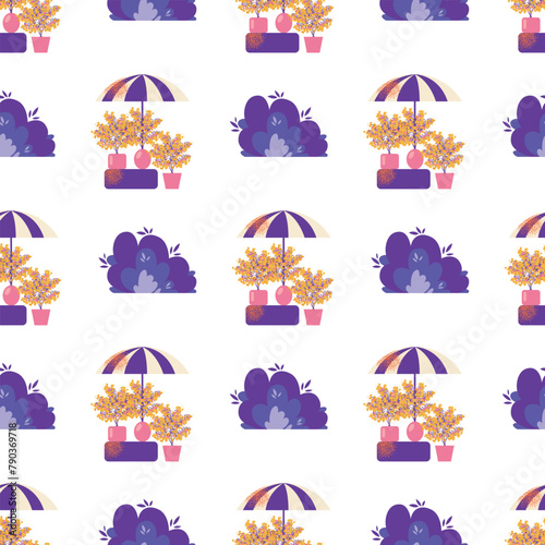 Music festival seamless pattern, open-air concert outdoor stage, live performance, food trucks, ferris wheels and flowers. Summer public entertainment party, picnic in park. Flat vector illustration