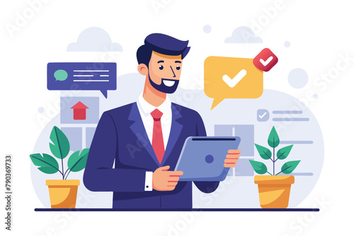 A man in a suit holding a tablet, checking trending notifications on the screen, Businessman with tablet and notification trending, Simple and minimalist flat Vector Illustration