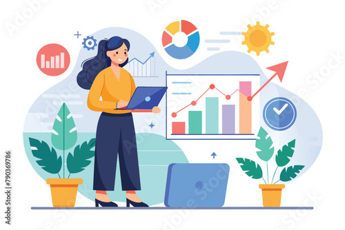 A businesswoman standing in front of a laptop, deeply focused on analyzing her companys growth data, Businesswoman is analyzing her company growth data, Simple and minimalist flat Vector Illustration