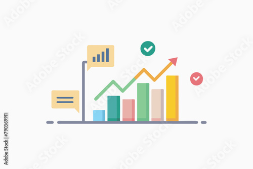 A bar chart with a check mark symbolizing successful completion or achievement, Calculating sales results trending, Simple and minimalist flat Vector Illustration