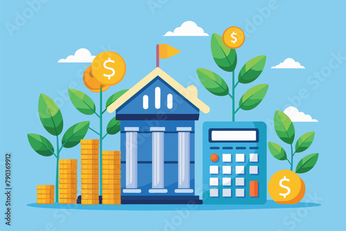 House With Calculator and Stacks of Coins, Calculating the growth of bank money, Simple and minimalist flat Vector Illustration
