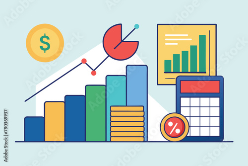 A visual representation of profits and losses using a bar chart alongside a clock, Calculation of profits and losses of the company, Simple and minimalist flat Vector Illustration