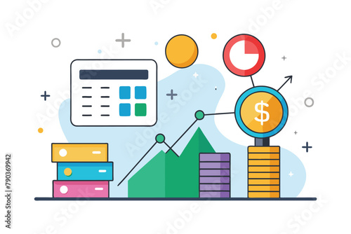 Stack of Stacks With Coin and Marker, Calculation of profits and losses of the company, Simple and minimalist flat Vector Illustration