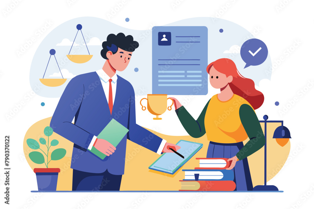 A man and a woman are shaking hands across a desk, signifying a contract agreement between client and attorney, Client contract signature to attorney, Simple and minimalist flat Vector Illustration