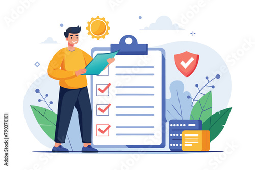 A man is holding a clipboard with a checklist on it, Checking business rules, Simple and minimalist flat Vector Illustration