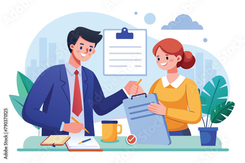 A man and woman are shaking hands over a clipboard in an office setting, Client contract signature to attorney, Simple and minimalist flat Vector Illustration