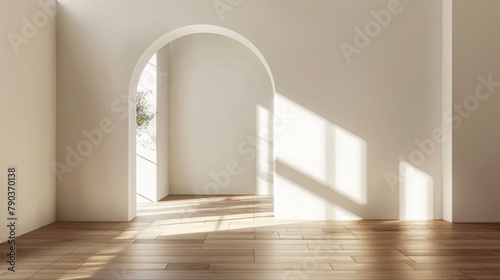A large archway in a white room with sunlight shining through it. The room is empty and has wooden floors