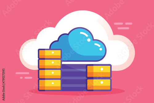 A cloud sitting atop a stack of boxes, creating an unusual and intriguing sight, cloud data information, Simple and minimalist flat Vector Illustration