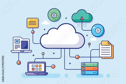 A cloud with multiple devices connected for data management and synchronization, cloud data management and synchronization, Simple and minimalist flat Vector Illustration