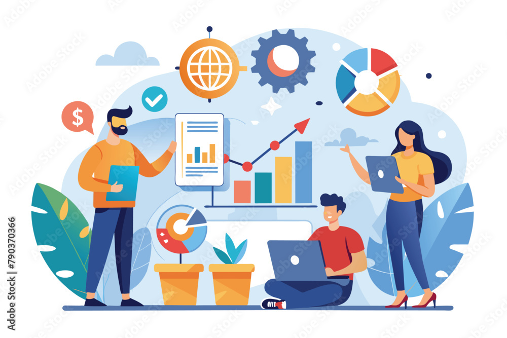 Several individuals collaborating around a laptop for data analysis and trending discussions, Collaborate to improve data analysis trending, Simple and minimalist flat Vector Illustration Several individuals collaborating around a laptop for data analysis and trending discussions, Collaborate to improve data analysis trending, Simple and minimalist flat Vector Illustration