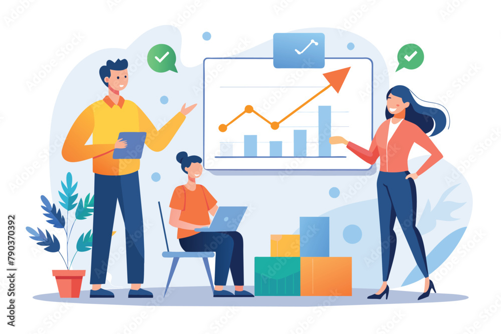 Group of colleagues standing in front of a whiteboard, analyzing growth charts, colleagues analysing growth charts, Simple and minimalist flat Vector Illustration Group of colleagues standing in front of a whiteboard, analyzing growth charts, colleagues analysing growth charts, Simple and minimalist flat Vector Illustration