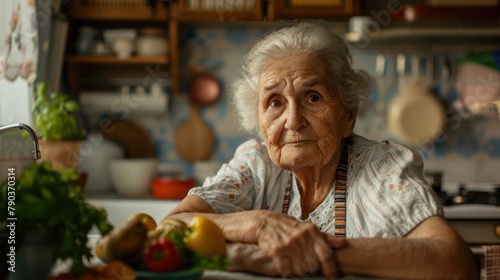 An elderly gray-haired woman sits at the kitchen table with a variety of fruits and vegetables and looks at the camera.