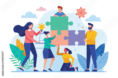 Multiple individuals gathered around a single puzzle piece, engaging in collaborative problem-solving, Collaborative puzzles trending, Simple and minimalist flat Vector Illustration