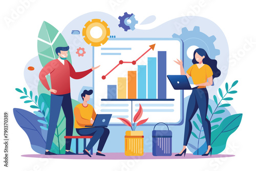 Colleagues standing in front of a growth chart, discussing data and analysis, colleagues analyse growth data, Simple and minimalist flat Vector Illustration