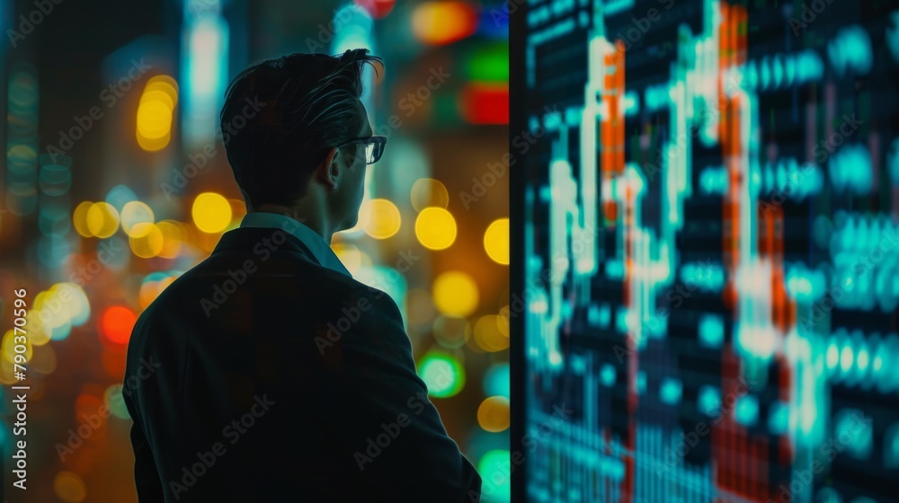 Stock market trends: A businessman studies fluctuating stock market graphs, seeking insights for informed investment decisions.