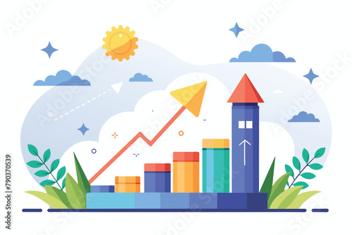 A blue building with a red arrow on top, located in a busy urban area, Company business prospects trending, Simple and minimalist flat Vector Illustration