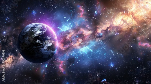 A planet is seen in space, surrounded by a nebula and stars. The image has a deep blue color with purple and red hues.