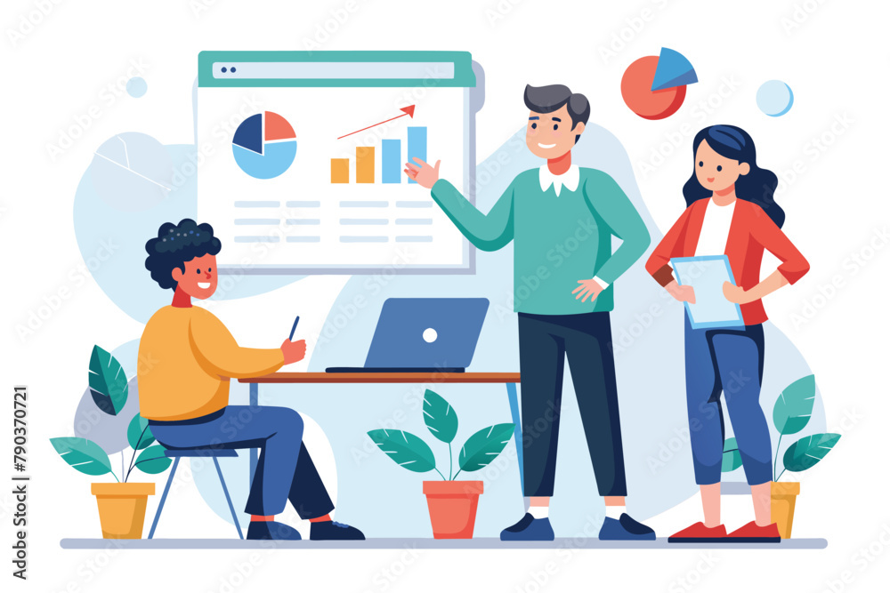 Company Owner Presenting Analyst Data to Employees, Company owner presents analyst data to employees, Simple and minimalist flat Vector Illustration