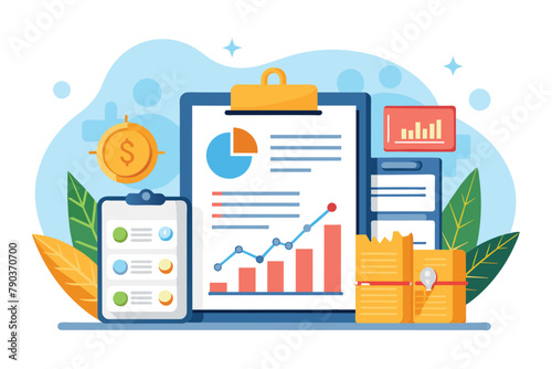 A clipboard and another with a chart, showing the comparison of company monthly financial reports, company monthly financial reports, Simple and minimalist flat Vector Illustration