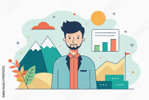 A bearded man stands confidently in front of a towering mountain, Company presentation trending, Simple and minimalist flat Vector Illustration