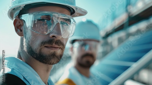 Serious bearded solar power photovoltaic system on passive house engineers wearing hardhats and protective glasses installing solar panels on the rooftop of the building together on sunny day