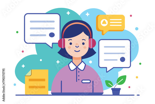 A woman is seated at a desk, wearing headphones, likely listening or working, Complaint to the support service concept, Simple and minimalist flat Vector Illustration