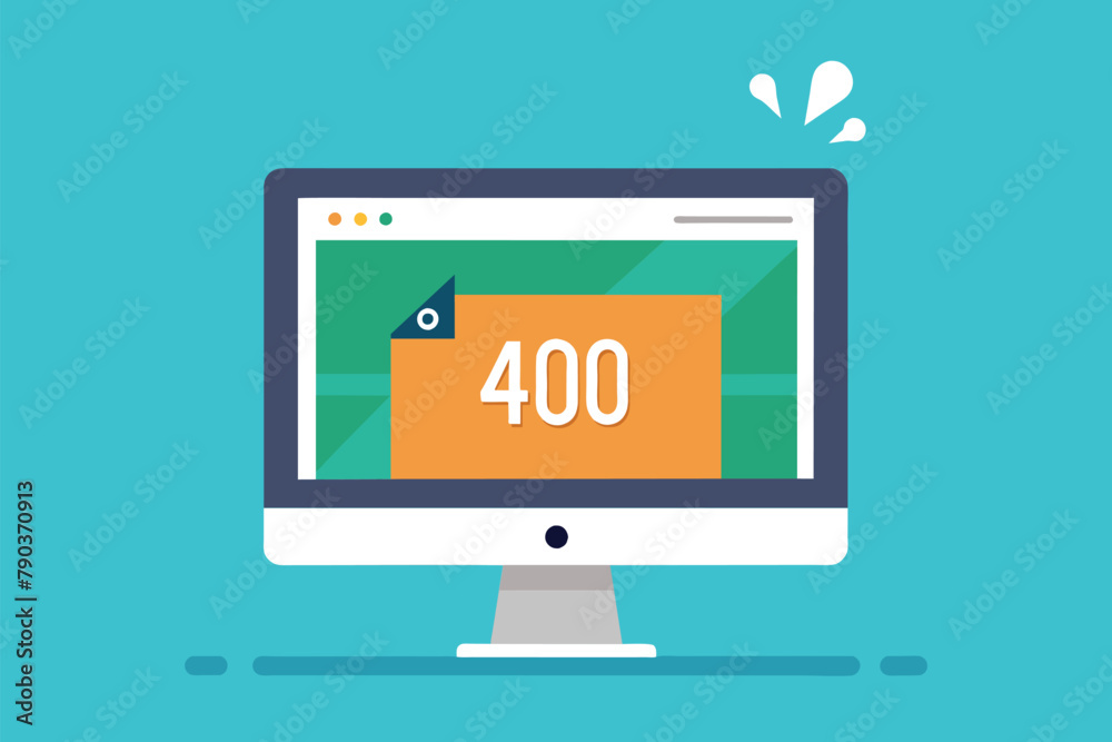 A computer screen showing a 400 error message, indicating a client-side error, computer screen error page 404, Simple and minimalist flat Vector Illustration A computer screen showing a 400 error message, indicating a client-side error, computer screen error page 404, Simple and minimalist flat Vector Illustration