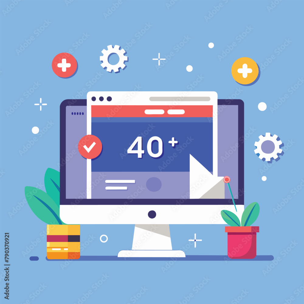 A computer screen displaying an error message that reads 40 plus, computer screen error page 404 no internet connected, Simple and minimalist flat Vector Illustration A computer screen displaying an error message that reads 40 plus, computer screen error page 404 no internet connected, Simple and minimalist flat Vector Illustration