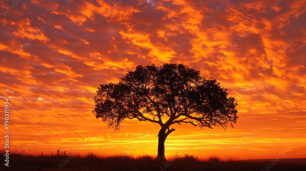 Sunset silhouette: A lone tree stands in silhouette against a fiery sunset sky, a testament to the enduring beauty of nature. Sunset silhouette: A lone tree stands in silhouette against a fiery sunset sky, a testament to the enduring beauty of nature.