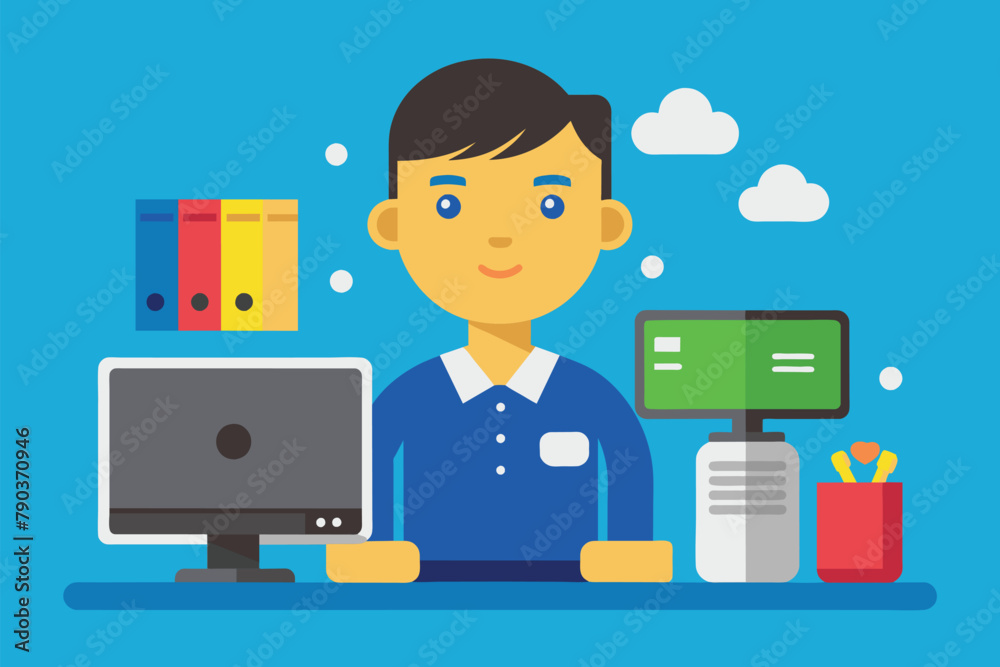 A man is sitting at a desk working on a computer, Computer technician, Simple and minimalist flat Vector Illustration A man is sitting at a desk working on a computer, Computer technician, Simple and minimalist flat Vector Illustration
