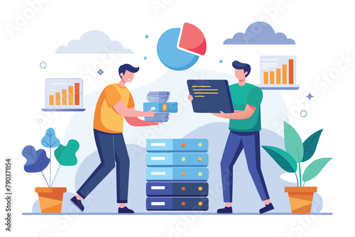 Two men standing beside tall stacks of files in an office setting, concept of men backing up data, Simple and minimalist flat Vector Illustration