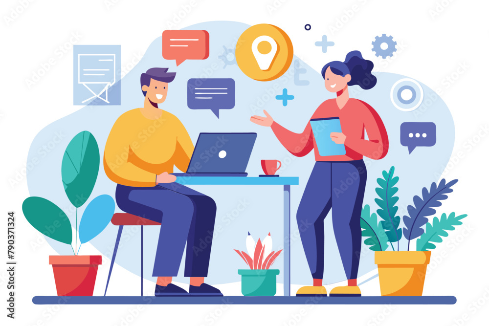 Two people are seated at a table, engrossed in their work projects on a laptop, Consult each other on work projects, Simple and minimalist flat Vector Illustration
