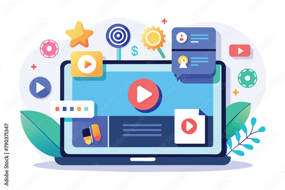 Laptop screen showing a play button for content marketing strategy video, Content marketing strategy video on tablet screen, Simple and minimalist flat Vector Illustration Laptop screen showing a play button for content marketing strategy video, Content marketing strategy video on tablet screen, Simple and minimalist flat Vector Illustration