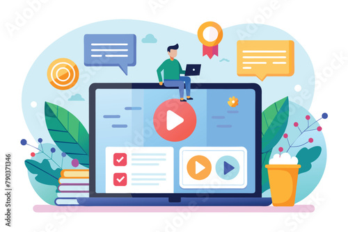 A man sitting on a laptop computer, engaging in content marketing strategy on a tablet screen, Content marketing strategy video on tablet screen, Simple and minimalist flat Vector Illustration