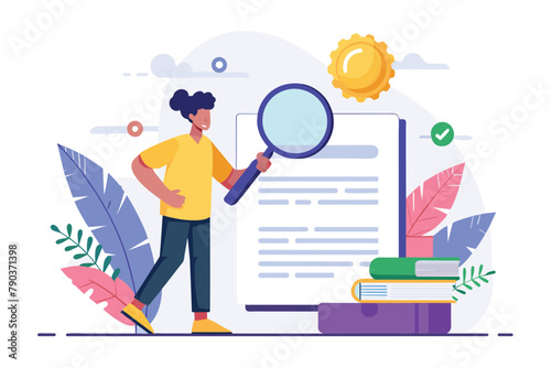A person is examining a book closely with a magnifying glass in hand, Contract conclusion, view contract details with magnifying glass, cooperation, Simple and minimalist flat Vector Illustration