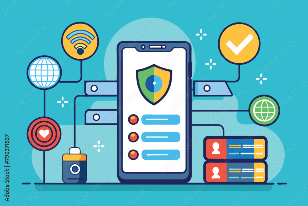 A cellphone with a shield placed on top, providing added security and protection for data control, control security data on cellphones, Simple and minimalist flat Vector Illustration