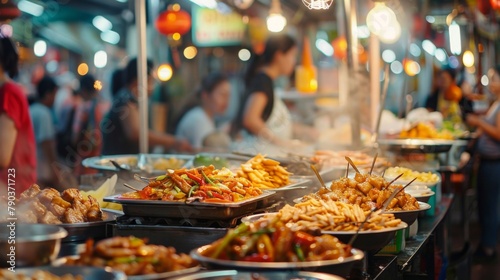 Thai street food: A bustling market scene showcases an array of vibrant Thai dishes, enticing with their aromatic flavors and spices.