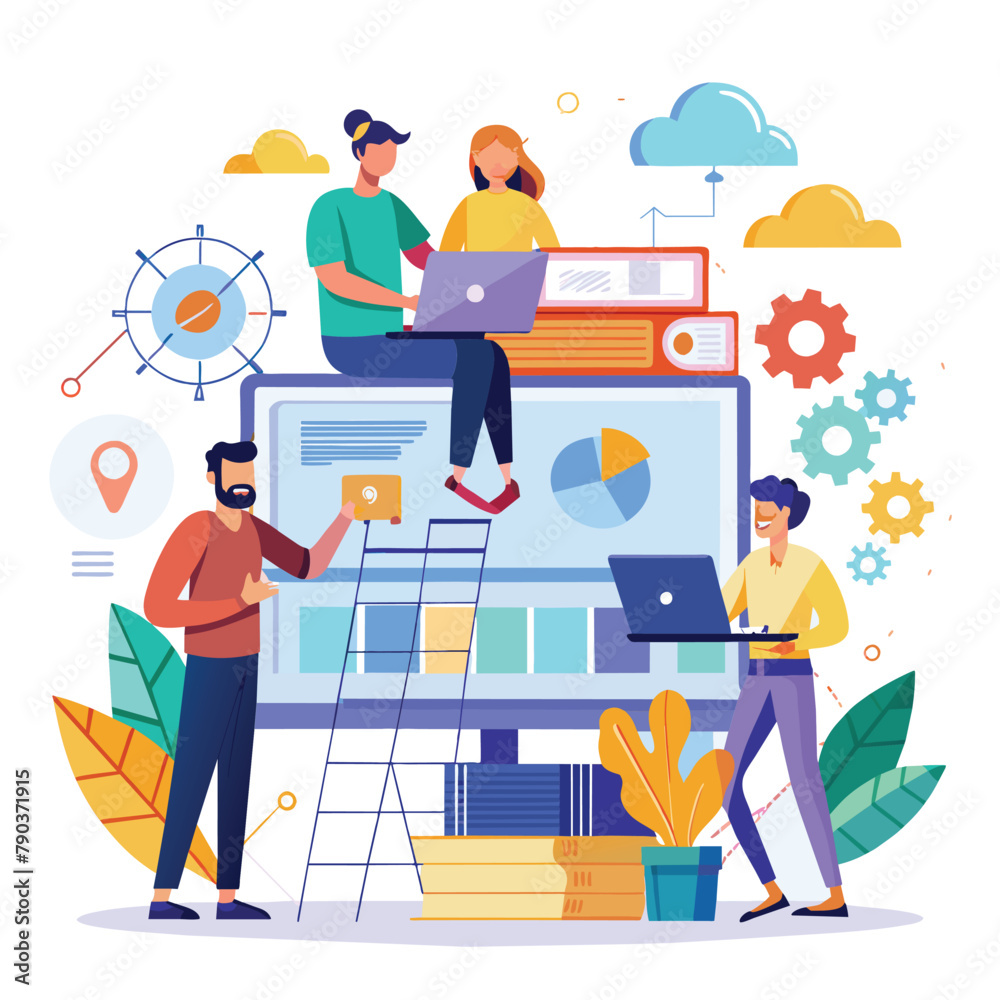 Teamworking on Top of a Computer Screen, Creative teamwork, Building a business project on the Internet, Simple and minimalist flat Vector Illustration