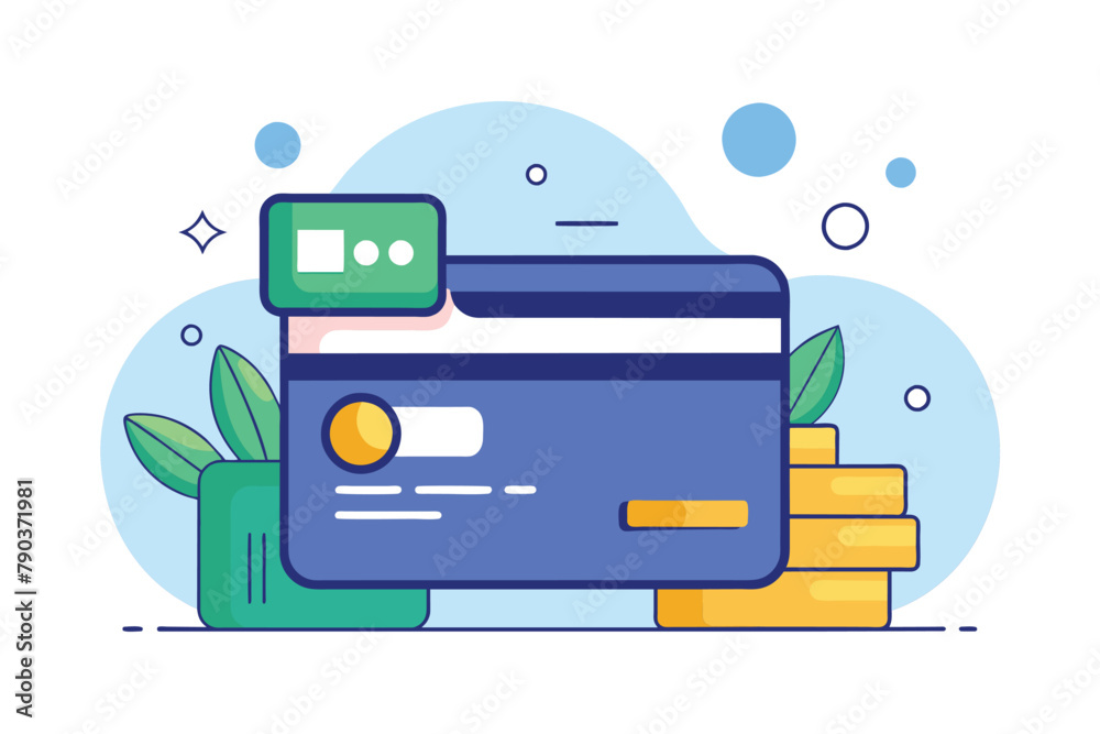 A credit card lays atop multiple stacks of coins, symbolizing financial transactions and savings, credit card payment concept, Simple and minimalist flat Vector Illustration A credit card lays atop multiple stacks of coins, symbolizing financial transactions and savings, credit card payment concept, Simple and minimalist flat Vector Illustration