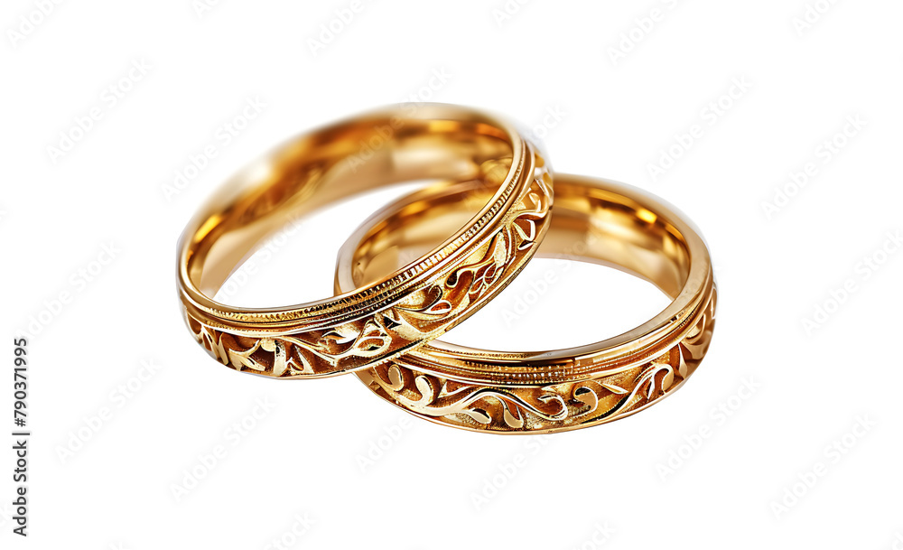 A pair of gold wedding rings isolated on a white background, generative ai