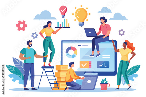 Group of People Collaborating Around a Laptop, Creative teamwork, Building a business project on the Internet, Simple and minimalist flat Vector Illustration