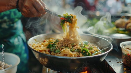 Thai street noodles: A street vendor prepares a steaming bowl of flavorful Thai noodles, garnished with fresh herbs and chili flakes. photo