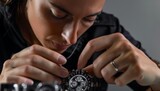 Female Watchmaker with Precision Repairing Timepiece, Art of Horology and Craftsmanship on Workbench