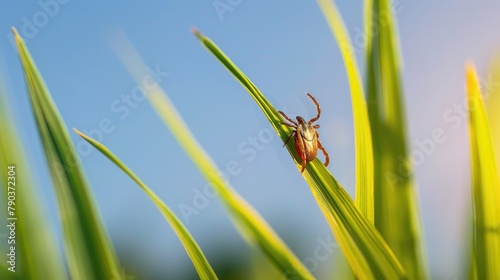 The spring season of ticks. An image of an insect holding onto green grass on a sunny day