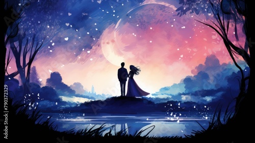 A couple in wedding clothes stand on a hill under a full moon. They are surrounded by a sea of stars and a sky of pink and blue hues. Valentine's Day.