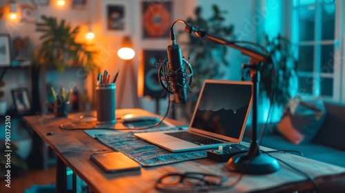 A laptop computer sitting on a desk with microphone and speakers, AI