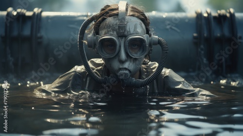 A woman in a gas mask plunges into the water. She is surrounded by pipes and appears to be wearing a military uniform. photo