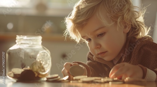 A young girl playing with coins on a table, engaging in a money-related activity photo