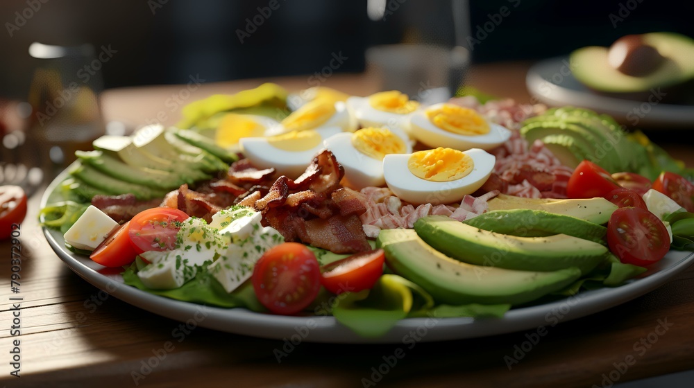 Healthy breakfast with avocado, eggs, bacon, and salad on a wooden table Healthy breakfast with avocado, eggs, bacon, and salad on a wooden table