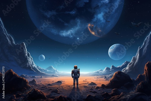 An astronaut stands on a rocky barren planet and looks at a large planet in the sky. The astronaut is surrounded by rocky mountains.